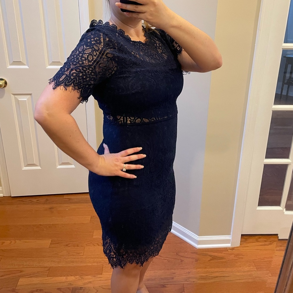 EUC Remarkable Navy Blue Sheer Lace Short Sleeve Mini Dress Sz L